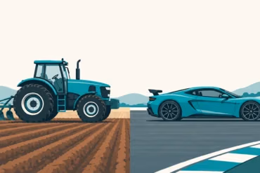 Traktor na poli a športové auto na dráhe ako obraz multipotenciality