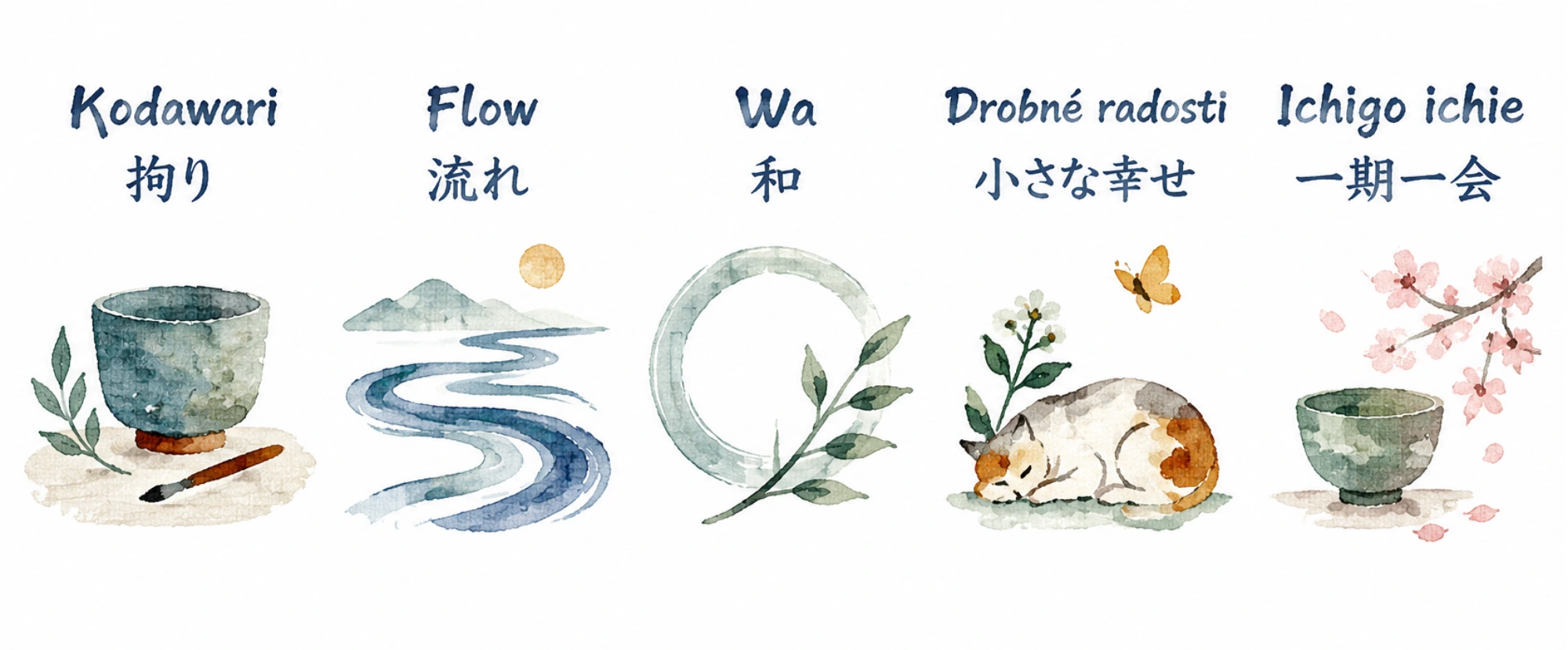 Päť pilierov ikigai podľa Kena Mogiho: kodawari, flow, wa, drobné radosti a ichigo ichie