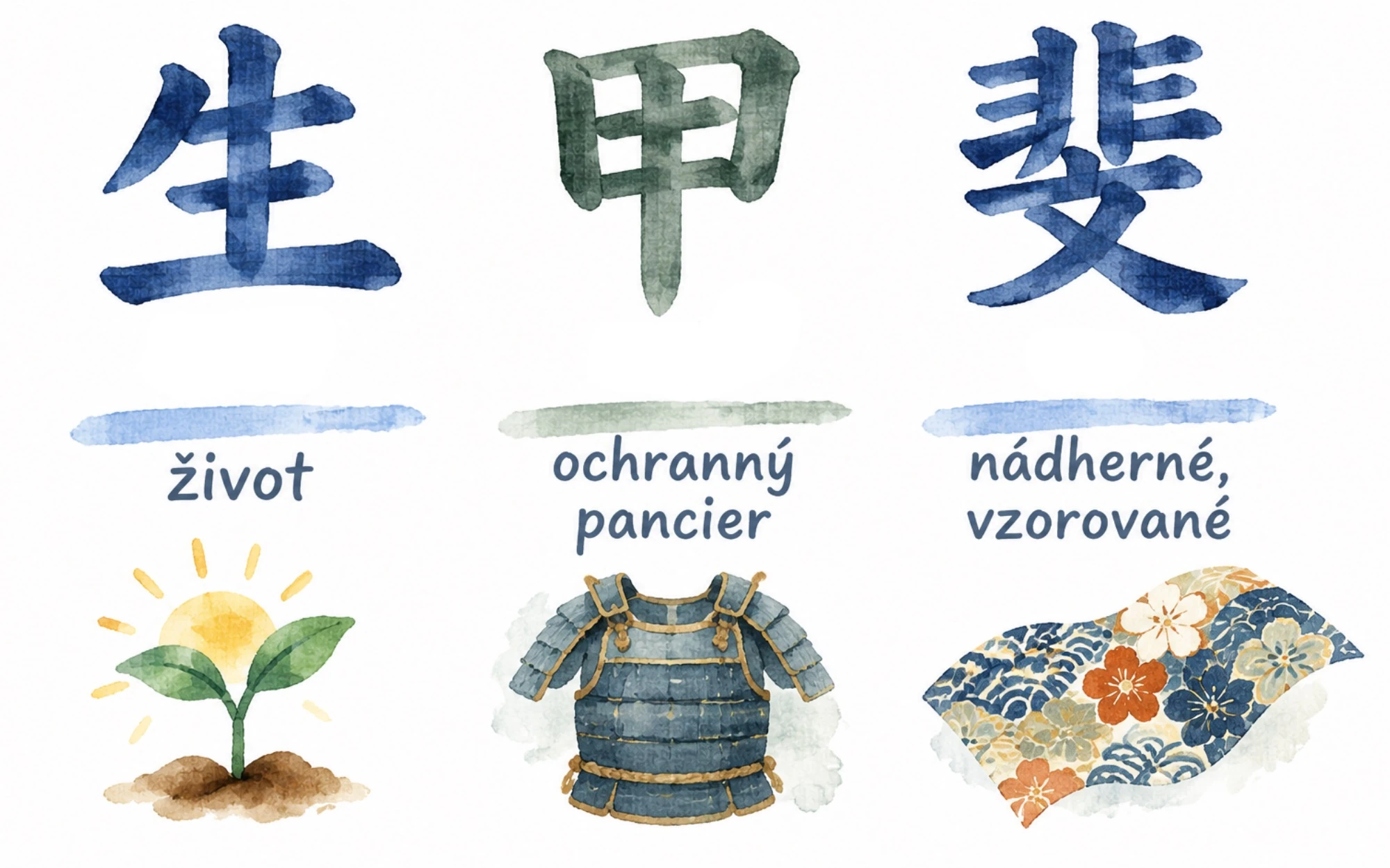 Význam znakov kanji v slove ikigai: život, ochranný pancier a nádherný vzor